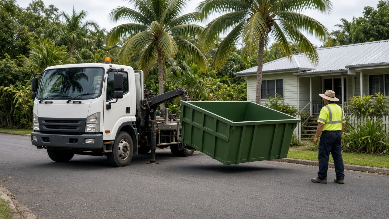 Green skip bin on a hook-lift truck with a worker in a wide-brim hat