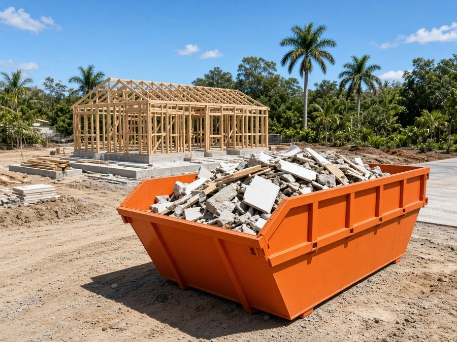 Orange skip bin with broken concrete on a building site