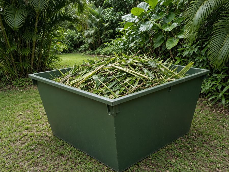 Green skip bin filled with tropical palm fronds