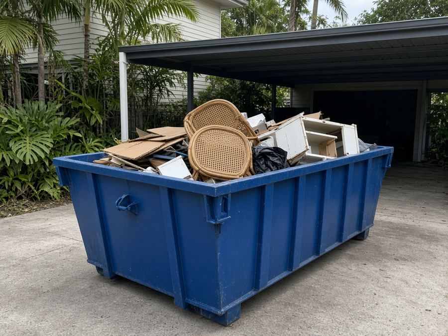 Blue skip bin with old cane chairs during a house clean-out