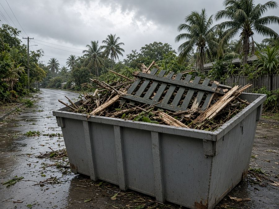 Grey skip bin with storm debris after a cyclone clean-up
