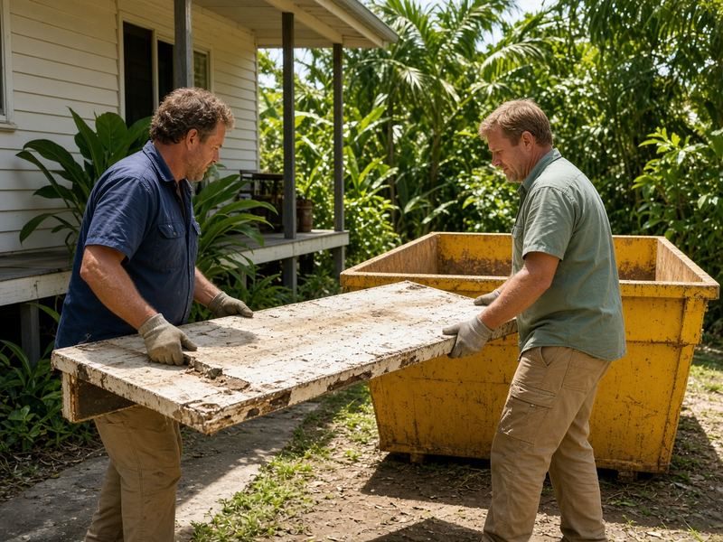 Two men carrying an old benchtop to a yellow skip bin