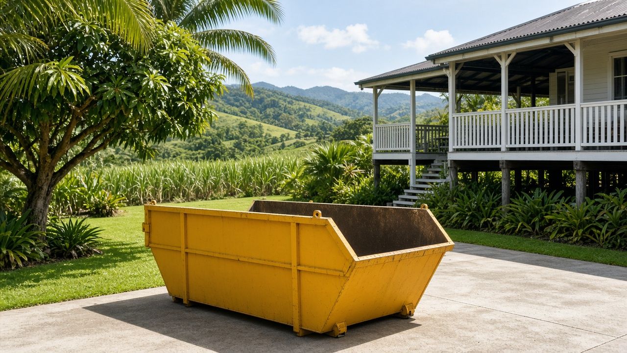 Yellow skip bin outside a Queenslander house with sugar cane in the distance