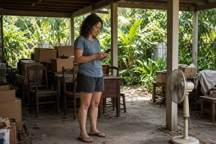 Woman under a raised Queenslander house next to an old fan and boxes