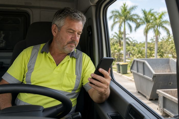 Skip truck driver in the cab checking a job on his phone