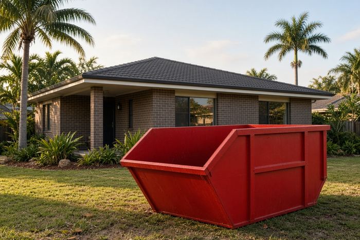 Red skip bin on a lawn beside a brick home with palm trees